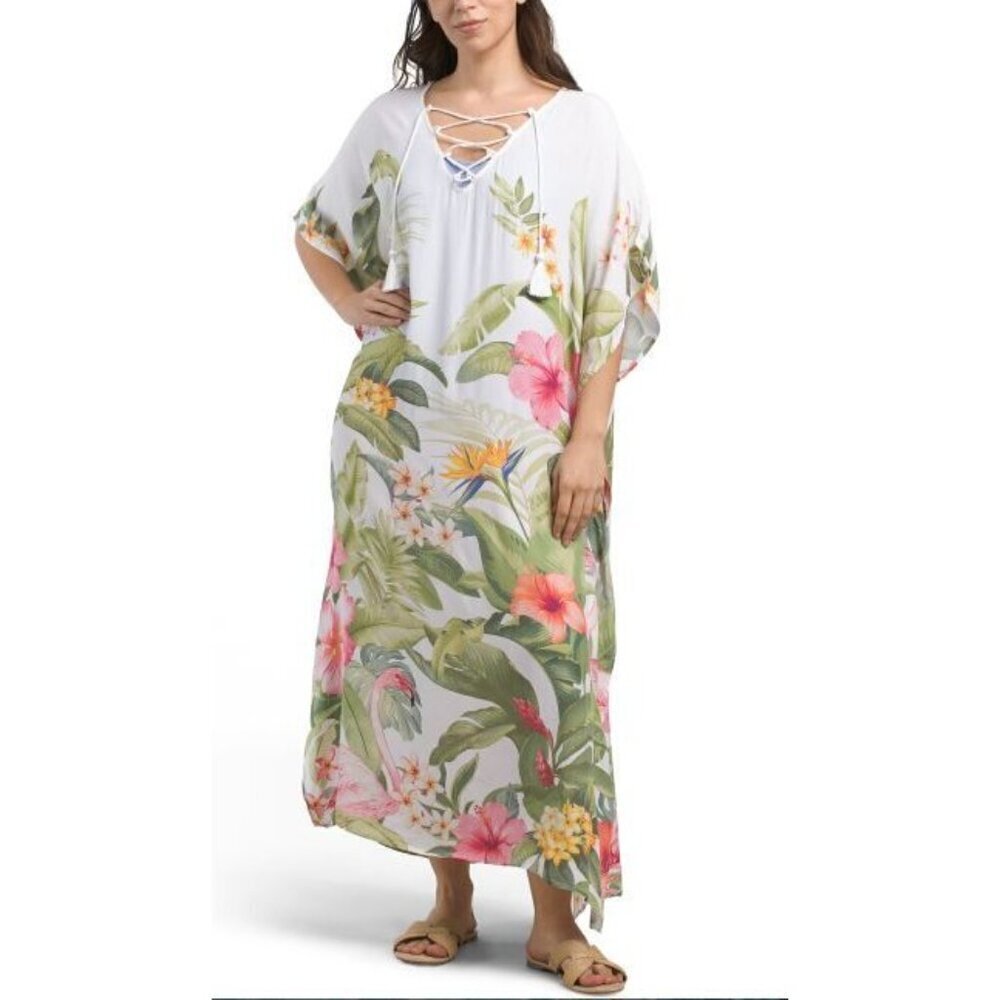 Tommy Bahama Womens White Paradise Bird Lace Up Cover up Caftan Sz S/M New - Picture 6 of 9